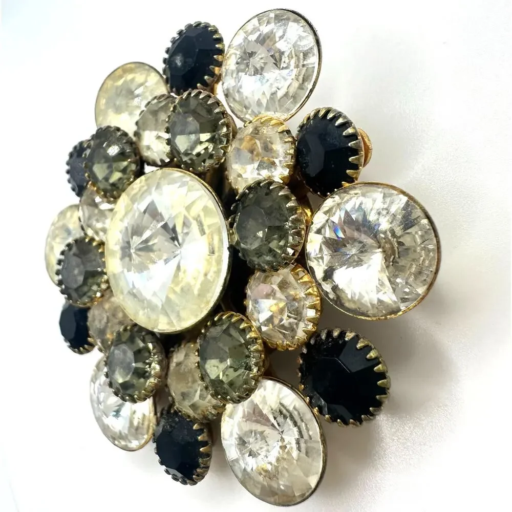 Vintage gold tone large clear rivolis smoky gray black rhinestones brooch